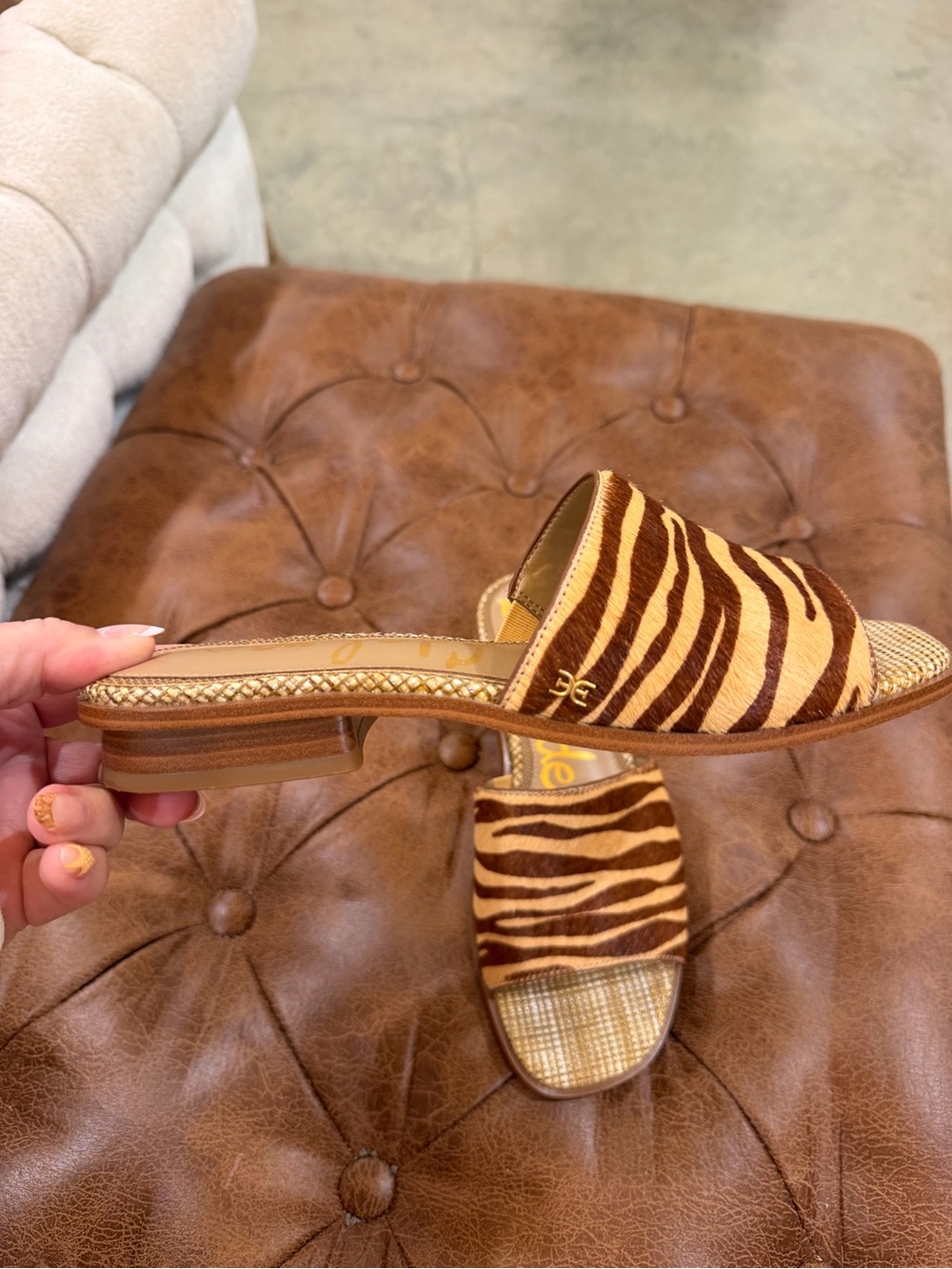 Sam Edelman Zebra-Print Slide Sandals in Brown and Cream